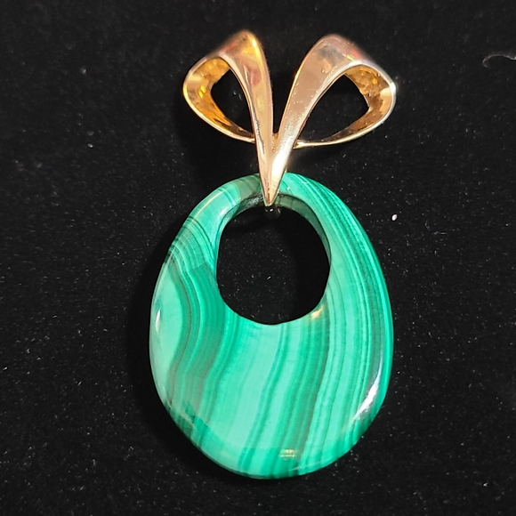 Vintage Green Malachite Teardrop Pendant with Vermeil Slide bail by UTC - Picture 3 of 5
